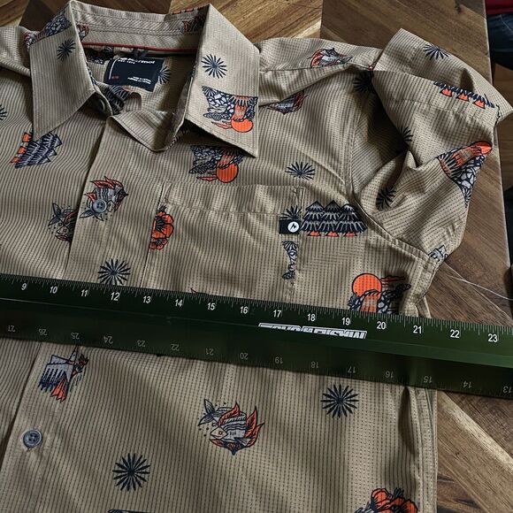 Marmot Shirt Syrocco Short Sleeve Button Up Fish Floral Trees Mens Medium New - Picture 9 of 11